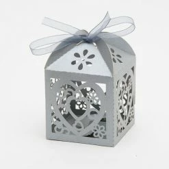 Bachelorette Party Richland Love Heart Laser Cut Favor Box With Organza Ribbon, Pearl Silver Set Of 50