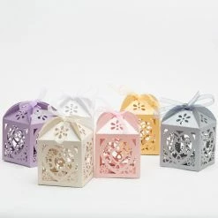 Bachelorette Party Richland Love Heart Laser Cut Favor Box With Organza Ribbon, Pearl Silver Set Of 50