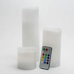 Seasonal Parties Richland Flameless LED Remote Control Wavy Top Pillar Candle White 3"x3", 3"x6", 3"x9" Set Of 18 3 Seasonal Parties Richland Flameless LED Remote Control Wavy Top Pillar Candle White 3
