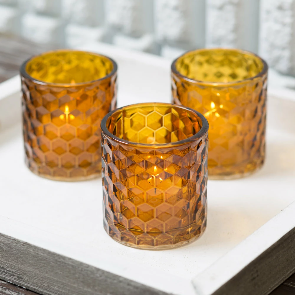 Richland Amber Chunky Honeycomb Glass Votive & Tealight Holder Set Of 6 2 Richland Amber Chunky Honeycomb Glass Votive & Tealight Holder Set Of 6