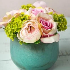 Richland Pink & Green Rose & Hydrangea Flowers In Crackled Vase