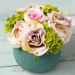 Richland Pink & Green Rose & Hydrangea Flowers In Crackled Vase