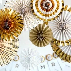 Richland Fancy Party Fans Rosette Pinwheels Gold & White, Wedding Decorations, 8 Fans, MME Shop By Event