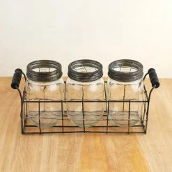 Richland Wire Basket With 3 Glass Mason Jars With Frog Lids