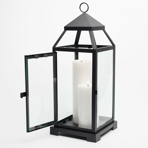 Reception Richland Black Contemporary Metal Lantern With Clear Glasses - Large 2 Reception Richland Black Contemporary Metal Lantern With Clear Glasses - Large