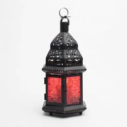 Richland Hanging Moroccan Metal Lantern With Red Embossed Glass Reception