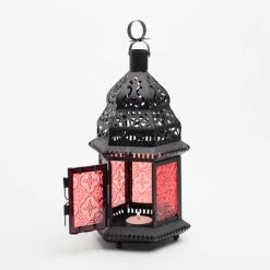 Richland Hanging Moroccan Metal Lantern With Red Embossed Glass Reception