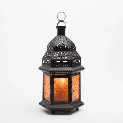 Richland Hanging Moroccan Metal Lantern With Orange Embossed Glass Reception