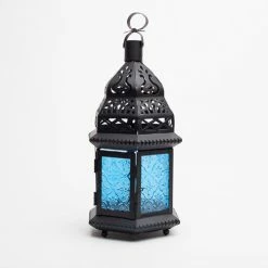 Richland Hanging Moroccan Metal Lantern With Blue Embossed Glass