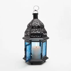 Richland Hanging Moroccan Metal Lantern With Blue Embossed Glass