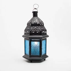 Richland Hanging Moroccan Metal Lantern With Blue Embossed Glass