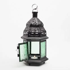 Reception Richland Hanging Moroccan Metal Lantern With Green Embossed Glass