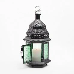 Reception Richland Hanging Moroccan Metal Lantern With Green Embossed Glass