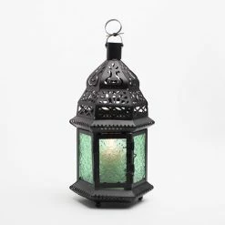 Reception Richland Hanging Moroccan Metal Lantern With Green Embossed Glass